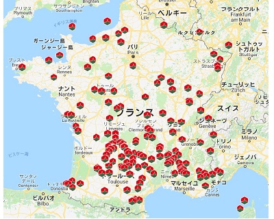 フランスで最も美しい村に登録されている村々のマップ