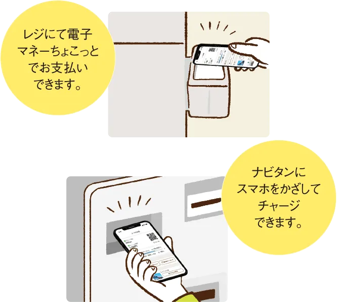 レジにて電子マネーちょこっとでお支払い、ナビタンにスマホをかざしてチャージも