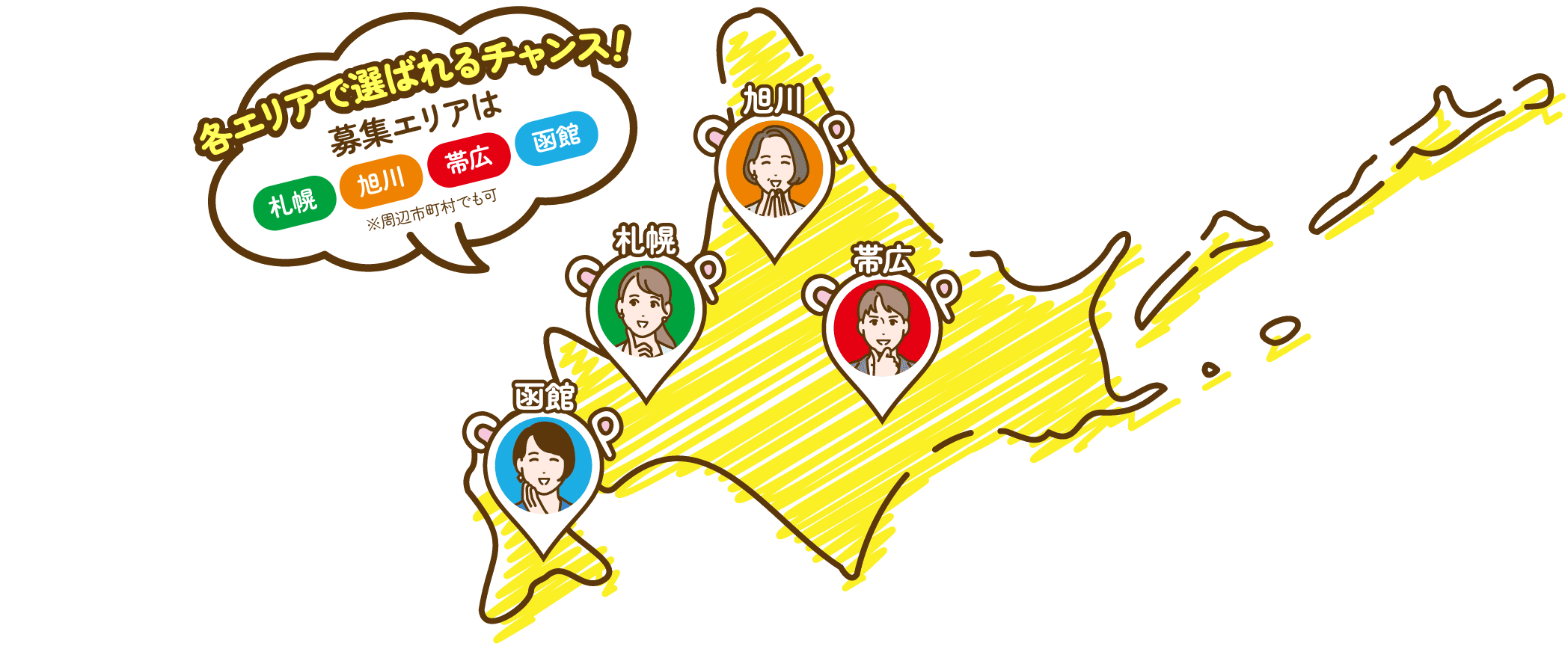 各エリアで選ばれるチャンス！募集エリアは札幌・旭川・帯広・函館